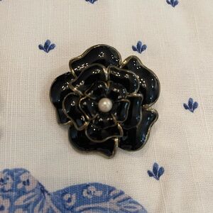 Black Camelia Flower Brooch with Pearl Center